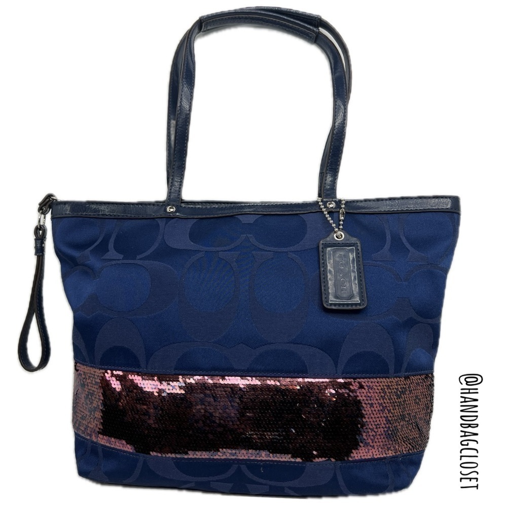 Coach F17574 Signature Tote Handbag Satin Sequins Medium Blue Bag - Picture 3 of 11